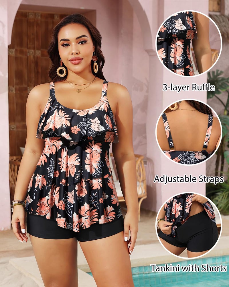 Yonique Women's Plus Size Tankini Swimsuits with Shorts Two Piece Bathing Suits Ruffle Swimsuits Tummy Control Swimwear Orange Floral 14W - Image 5